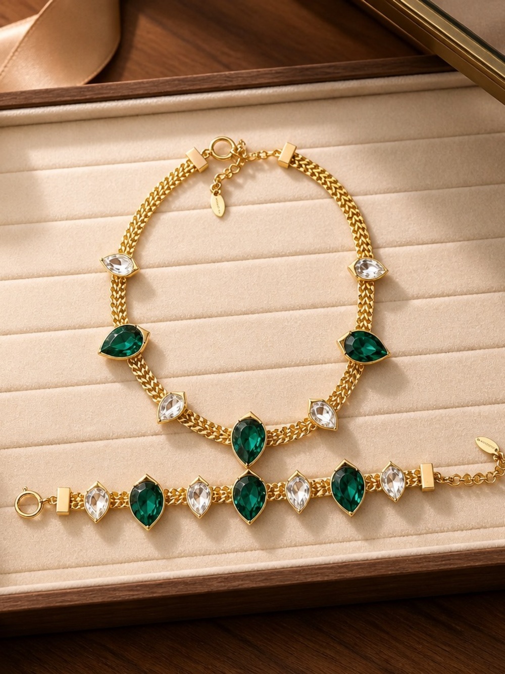Cat Walk Jon Gold Tone Necklace & Bracelet Set with Emerald Green Stones -